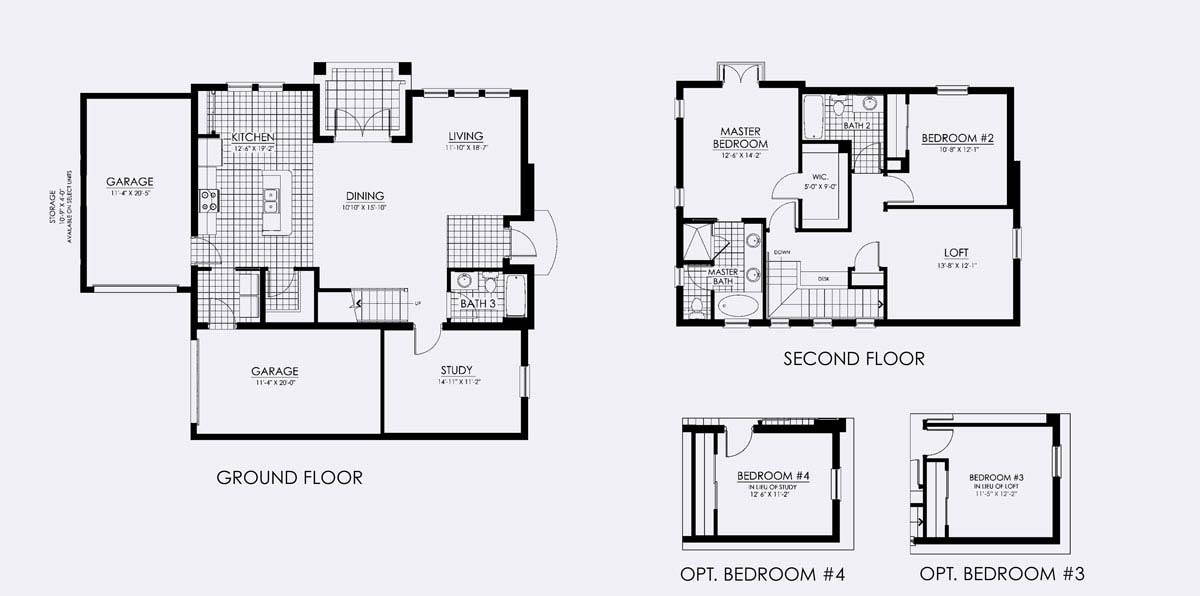 Laguna Floor Plan in Paseo,2 bedroom, 3 bath, living room, dining room, loft (optional 3rd bedroom), study (optional 4th bedroom) and Two 1-car garages